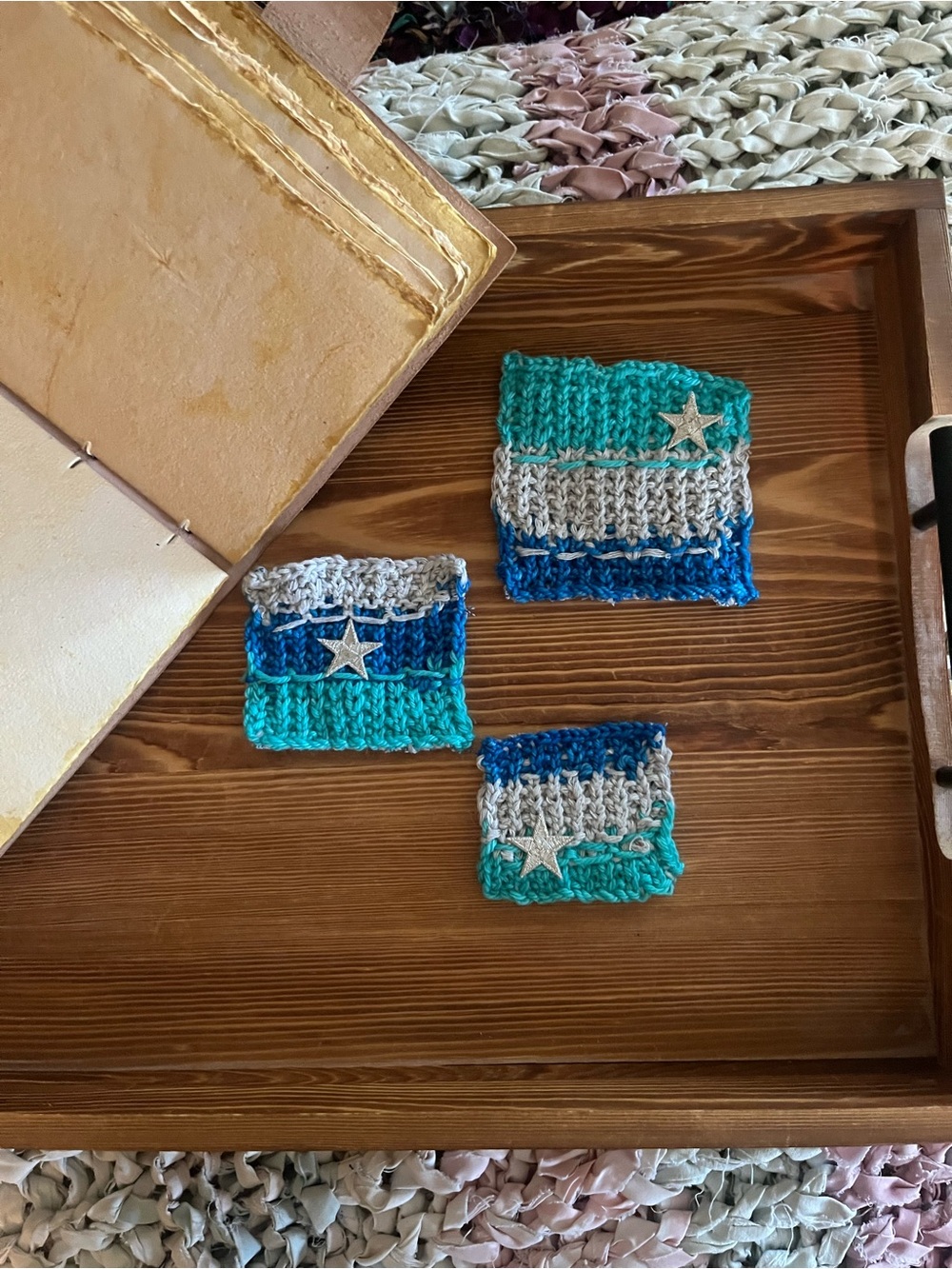 Visible Mending Handmade Knitted Star Patches, Blue Teal Silver Sew On Applique